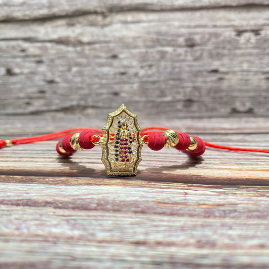 18K Yellow Gold Tejida Virgin Of Guadalupe Bracelet With Blue/Fucshia Zircons-Adjustable / 4.05gr