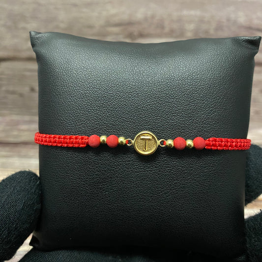 18K Yellow Gold Tejida Letter T Circle Mate-Smooth Balls Bracelet Adjustable / 0.6gr