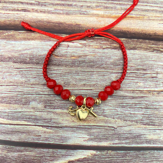 18K Yellow Gold Tejida Baby Three Graces-Cross-Heart-Anchor-Diamond Cut Balls Bracelet Adjustable / 1.17gr