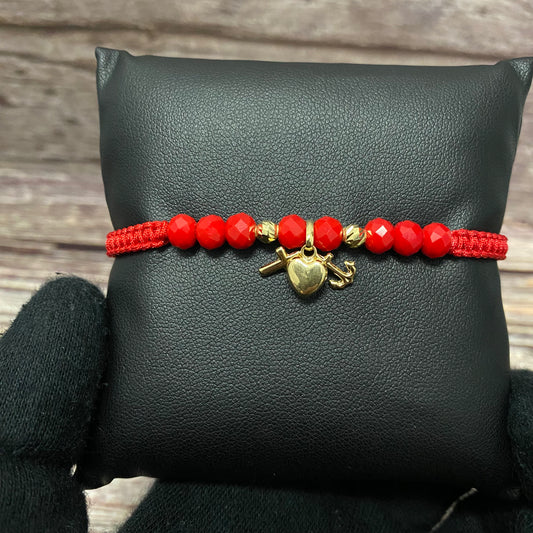 18K Yellow Gold Tejida Baby Three Graces-Cross-Heart-Anchor-Diamond Cut Balls Bracelet Adjustable / 1.17gr