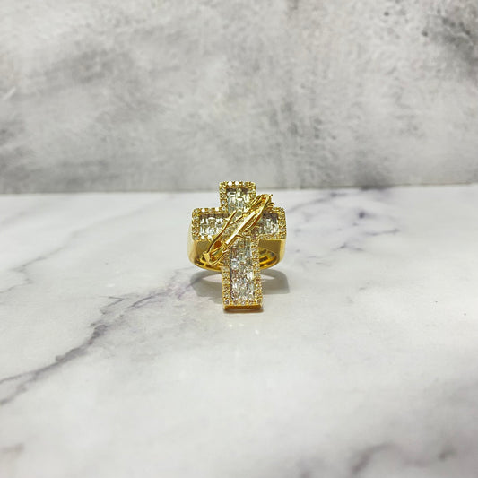 10K Yellow Gold Diamond Spines Cross Ring 1.86Ct Dia / 13.64gr / Size 9.5