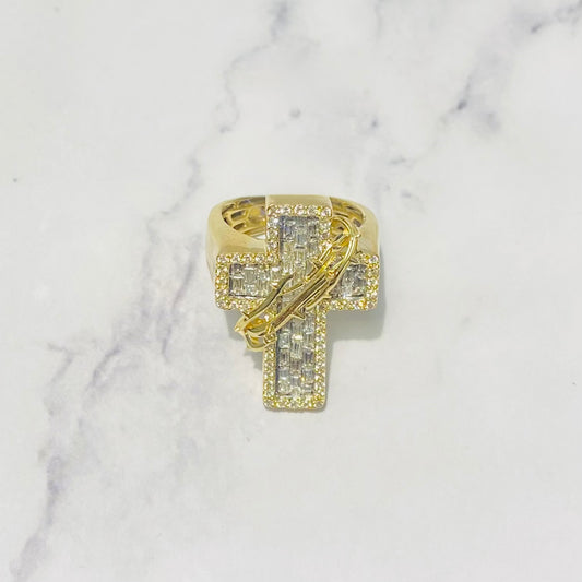 10K Yellow Gold Diamond Spines Cross Ring 1.86Ct Dia / 13.64gr / Size 9.5