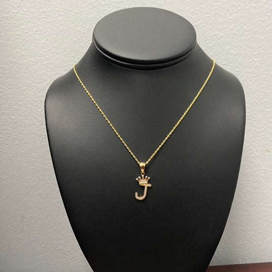 18K Yellow Gold Letter J With Crown Jewelry Set With Zircons / 2.5gr / 1.5mm / 24in