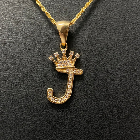 18K Yellow Gold Letter J With Crown Jewelry Set With Zircons / 2.5gr / 1.5mm / 24in
