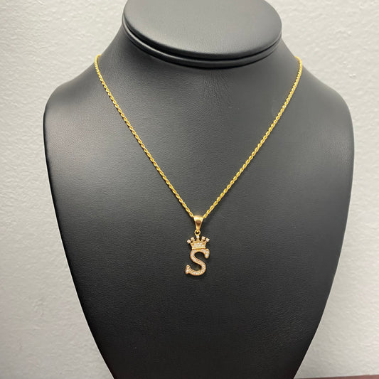 18K Yellow Gold Letter S With Crown Jewelry Set With Zircons / 2.8gr / 1.5mm / 20in