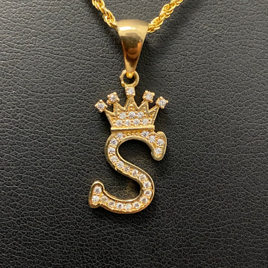 18K Yellow Gold Letter S With Crown Jewelry Set With Zircons / 2.8gr / 1.5mm / 20in