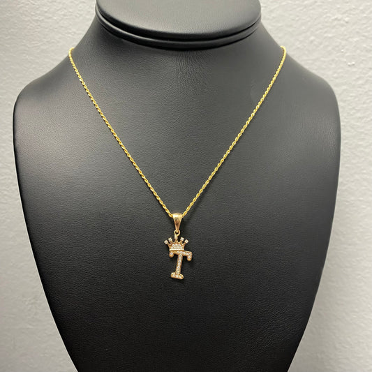 18K Yellow Gold Letter T With Crown Jewelry Set With Zircons / 2.4gr / 1.5mm / 24in