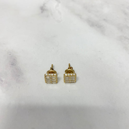 14K Yellow Gold Diamond Square Luxury Stud Earrings 1.02 Ct Dia Vs/Si / 2.22gr / 7mm