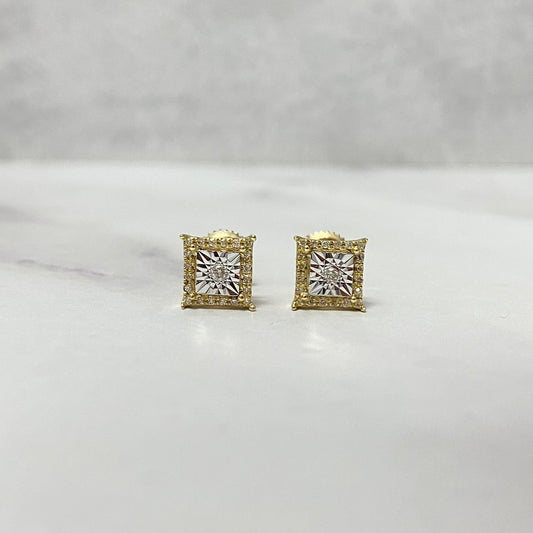 10K Yellow Gold Diamond Square Luxury Stud Earrings 0.11Ct Dia / 1.75gr / 7mm