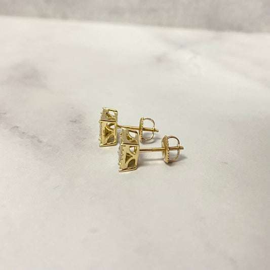 10K Yellow Gold Diamond Square Luxury Stud Earrings 0.11Ct Dia / 1.75gr / 7mm