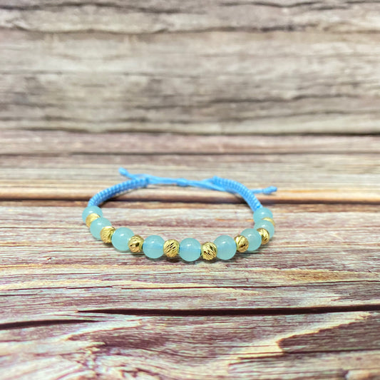 18K Yellow Gold Tejida Fashion Aquamarine Stones-Diamond Cut Balls Bracelet Adjustable / 1.76gr