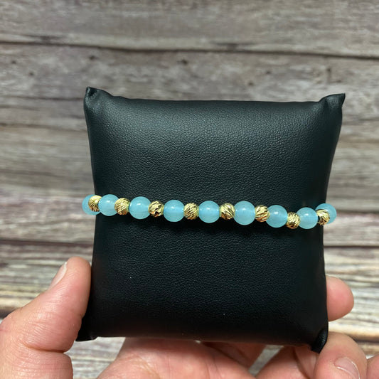 18K Yellow Gold Tejida Fashion Aquamarine Stones-Diamond Cut Balls Bracelet Adjustable / 1.76gr