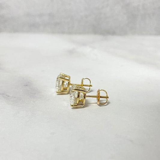 14K Yellow Gold Lab Diamond Solitaire Round Stud Earrings 4Ct Lab Dia Vs / 2.67gr / 8mm