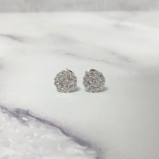 14K White Gold Lab Diamond Flower Round Stud Earrings 0.98Ct Lab Dia Vs / 1.41gr / 9mm