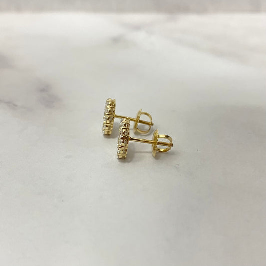 14K Yellow Gold Lab Diamond Flower Round Stud Earrings 1Ct Lab Dia Vs / 1.38gr / 9mm