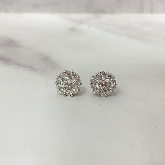 14K White Gold Lab Diamond Flower Round Stud Earrings 2.99Ct Lab Dia / 5.09gr / 11mm
