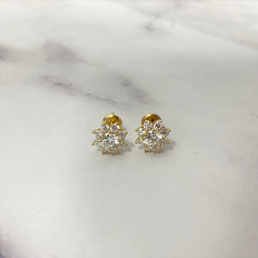 14K Yellow Gold Lab Diamond Flower Petal Stud Earrings 2Ct Lab Dia Vs / 2gr / 10mm