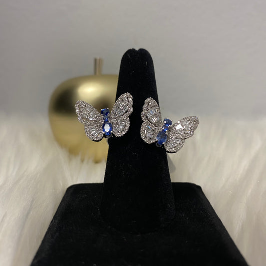 18K White Gold Diamond Butterfly Ring 1.33Ct Dia/0.91Sap / 6.7gr / Size 7