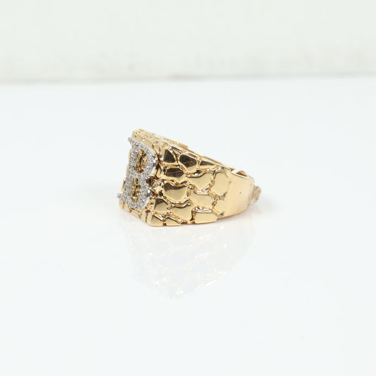 10K Yellow Gold Nugget Letter B Ring 0.56Ct Dia / 13.3gr / Size 11