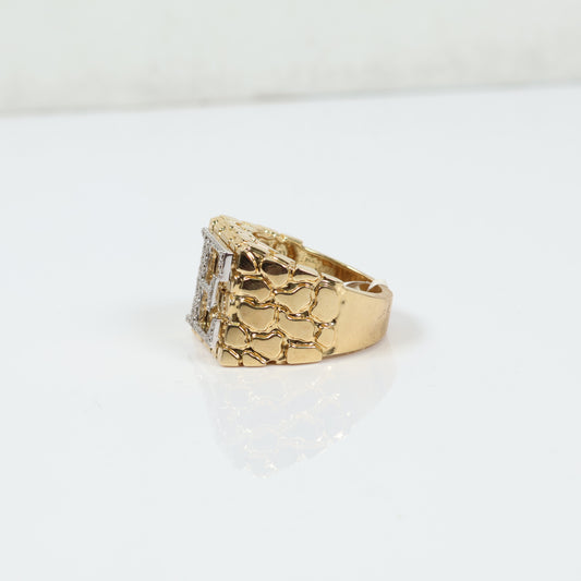 10K Yellow Gold Nugget Letter E Ring 0.45Ct Dia / 13.1gr / Size 11