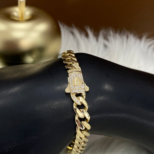 14K Yellow Gold Monaco Cuban Link Bracelet With Zirconia / 10.9gr / 7.2mm / 7.5in