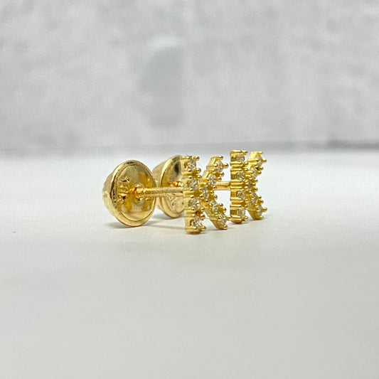 18K Yellow Gold Letter K Stud Earrings With Zircons / 0.7gr / 6mm