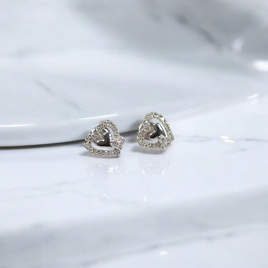 10K White Gold Two Hearts Stud Earrings With Diamonds 3/8 Ct / 2.2gr