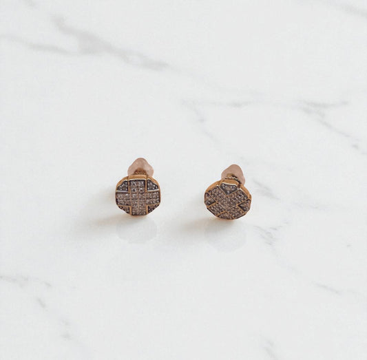 10K Yellow Gold Diamond Cross Circle Stud Earrings 0.17Ct / 1.5gr