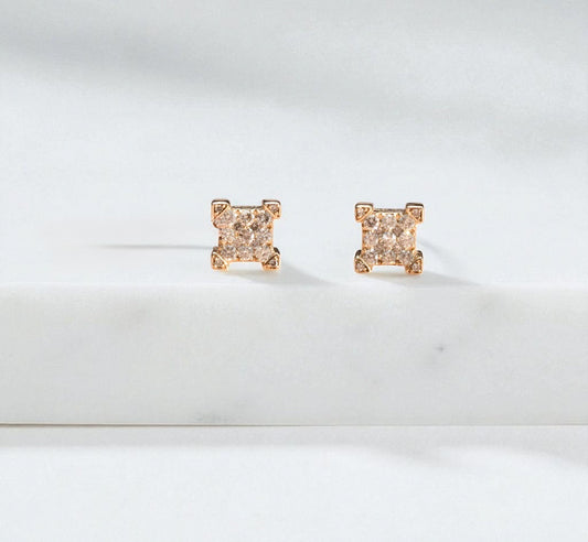 14K Yellow Gold Diamond Square Stud Earrings 1.50Ct / 3.4gr