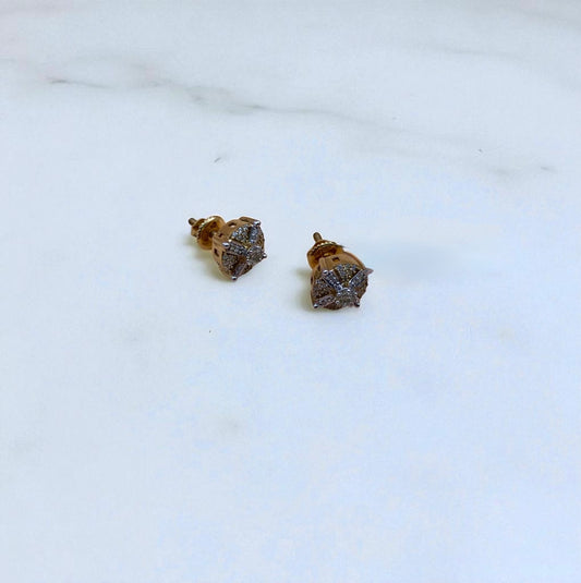 10K Yellow Gold Diamond Cross Circle Stud Earrings 0.40Ct / 2.7gr