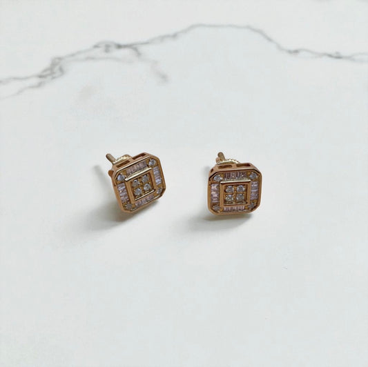 10K Yellow Gold Square Diamond Stud Earrings 0.44Ct / 2.8gr