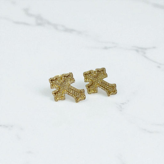 10K Yellow Gold Diamond Cross Stud Earrings 0.45Ct Dia / 3.89gr / 17mm
