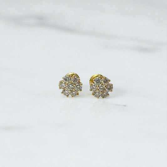 14K Yellow Gold Diamond Flower Stud Earrings 0.96Ct Dia / 2.51gr / 8mm