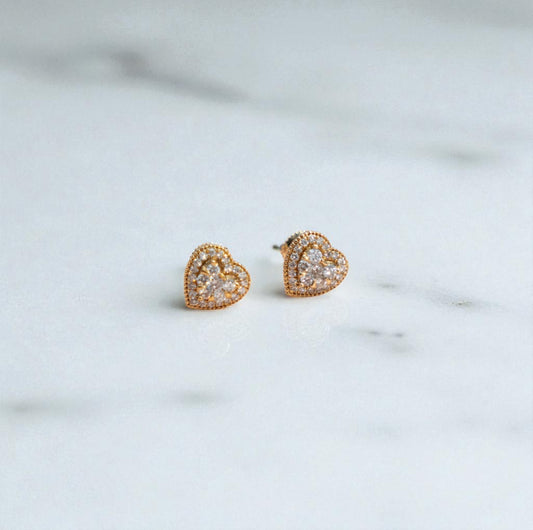 14K Yellow Gold Diamond Two Heart Stud Earrings 0.65Ct / 2.2gr