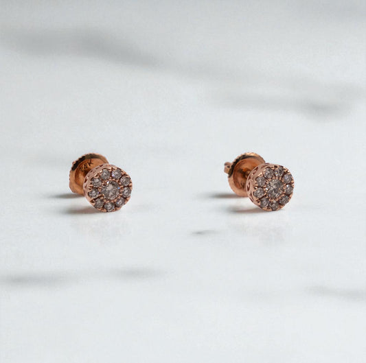 14K Rose Gold Diamond Circle Flower Stud Earrings 0.45Ct / 1.4gr