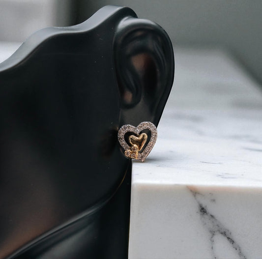 10K Yellow - White Gold Two Hearts Stud Earrings With Diamonds 3/8 Ct / 2.1gr