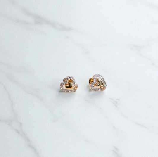 10K Yellow - White Gold Two Hearts Stud Earrings With Diamonds 3/8 Ct / 2.1gr