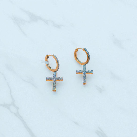 10K Yellow Gold Cross Hoop Earrings With Diamond / 4.6gr