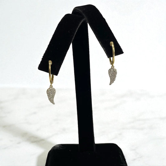 14K Yellow Gold Diamond Wing Hoop Earrings 0.41Ct / 1.8gr