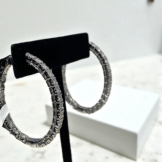 14K White Gold Diamond Luxury Hoop Earrings 1Ct Dia / 17.3gr / 1.5in