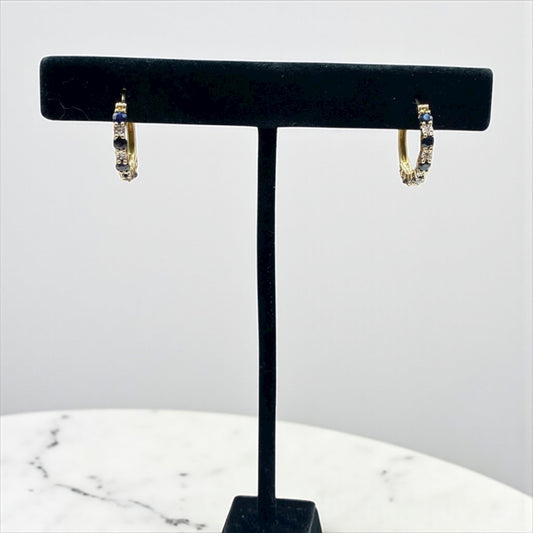 14K Yellow Gold Diamond Luxury Hoop Earrings Ct Dia/Sapphire / 2.7gr