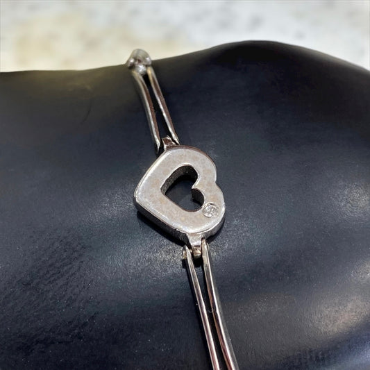 14K White Gold Heart Bracelet With Diamond / 10gr / 3mm / 7in