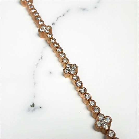 14K Rose Gold Diamond Tennis-Clover Bracelet 2.58Ct Dia / 15.2gr / 2.9mm / 7in