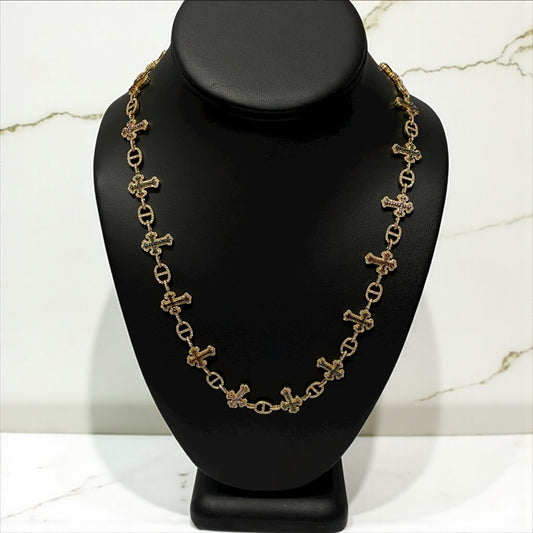 10K Yellow Gold Diamond Crosses Multicolor Chain 7.96Ct Lab Dia / 45gr / 7mm / 22in