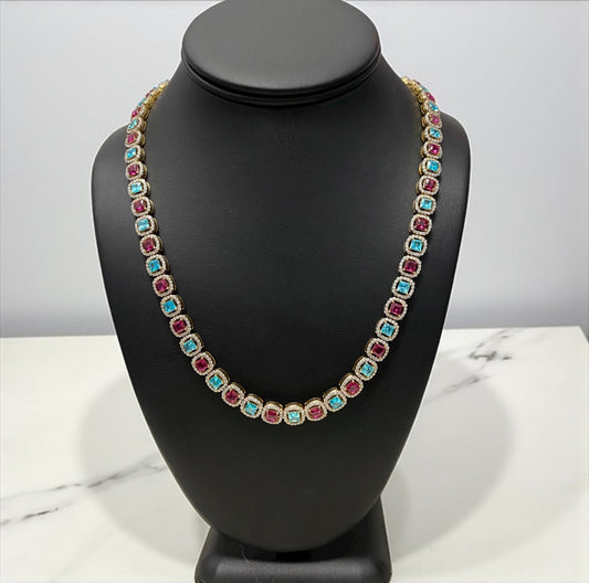 10K Yellow Gold Aquamarine & Pink Studded Chain 7.74 Lab Dia / 62.5gr / 8.2mm / 20in