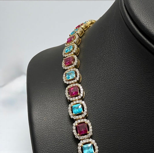 10K Yellow Gold Aquamarine & Pink Studded Chain 7.74 Lab Dia / 62.5gr / 8.2mm / 20in