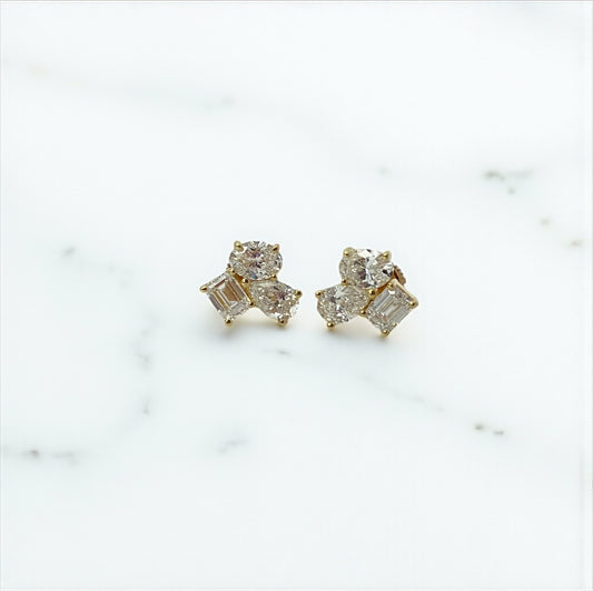 14K Yellow Gold Lab Diamond Trio Stones- Pearl-Oval-Emeral Cut Stud Earrings 3.99Ct Lab Dia Vs / 3.21gr / 12mm