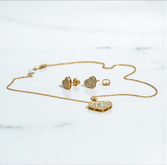 14K Yellow Gold Diamond Heart Jewelry Set Chain/Pend/Earrings / 5.4gr
