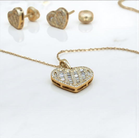 14K Yellow Gold Diamond Heart Jewelry Set Chain/Pend/Earrings / 5.4gr