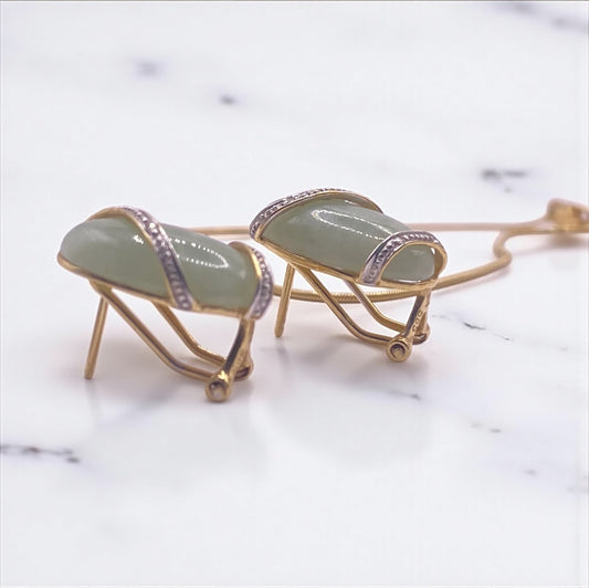 14K Yellow Gold Diamond Green Bean Jewelry Set Chain/Ring/Earrings / 16.5gr